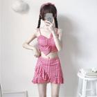 Set: Gingham Open Back Bikini Top + Ruffled Swim Skirt