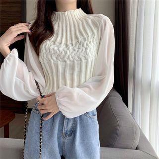 Balloon-sleeve Chiffon Panel Sweater