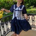 Mock Two-piece Short-sleeve Check Panel Bow Smock Dress