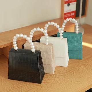 Faux-pearl Handle Croc-grain Hand Bag