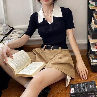 Color Block Lapel Knit Top