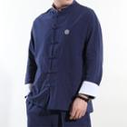 Set: Embroidered Frog-button Shirt + Straight-cut Pants