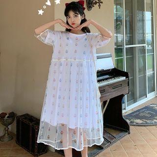 Set: Short-sleeve T-shirt Dress + Short-sleeve Rabbit Print Mesh Dress