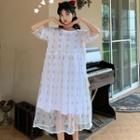 Set: Short-sleeve T-shirt Dress + Short-sleeve Rabbit Print Mesh Dress