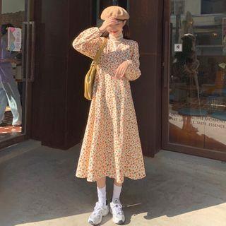 V-neck Floral Fleece Lineddress / High-neck Knit Top