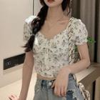 Puff-sleeve V-neck Floral Print Cropped Blouse