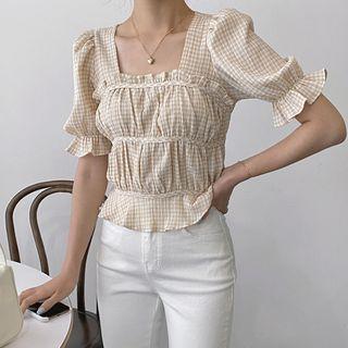 Square-neck Shirred Checked Top
