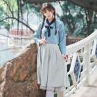 Tie-neck Long-sleeve Cropped Top / Midi Jumper Skirt / Long-sleeve Frog Buttoned A-line Dress / Set