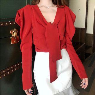 Puff-sleeve Tie-neck Cropped Blouse