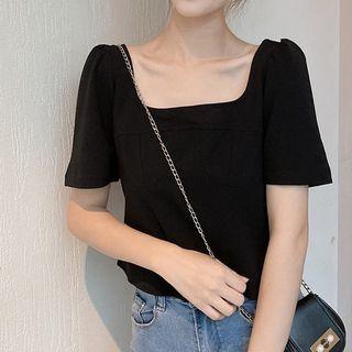 Plain Square-neck Short-sleeve Blouse Black - One Size