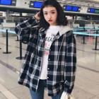 Mock Two-piece Plaid Hooded Buttoned Jacket Plaid - One Size