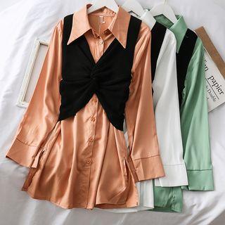 Set: Plain Long Shirt + Twisted Knit Vest