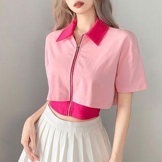 Mock Two-piece Short-sleeve Collar Zip-up Crop Top