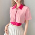 Mock Two-piece Short-sleeve Collar Zip-up Crop Top