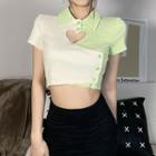 Two-tone Collar Short Sleeve Cut-out Cropped T-shirt