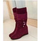 Faux Suede Runched Hidden Wedge Mid-calf Boots