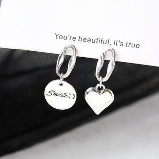 Heart & Lettering Asymmetrical Sterling Silver Dangle Earring 1 Pair - Silver - One Size