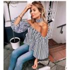 Pinstriped Lantern Sleeve Off-shoulder Top With Choker