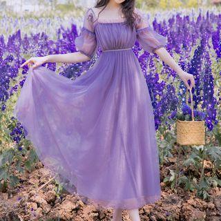 Square Neck 3/4-sleeve Midi A-line Dress