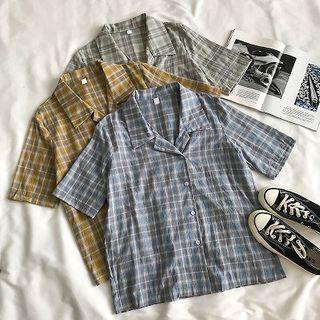 Color-block Single-breasted Plaid Short-sleeve Blouse