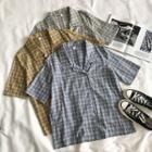 Color-block Single-breasted Plaid Short-sleeve Blouse