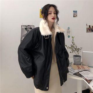 Fleece-lined Faux Leather Zip Biker Jacket Black - One Size