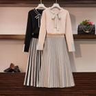 Set: Tie-neck Sweater + Striped Midi A-line Skirt