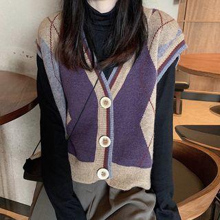 Argyle Knit Vest / Turtleneck Long-sleeve T-shirt