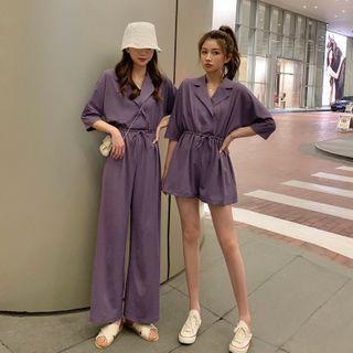 Elbow-sleeve Open-collar Jumpsuit / Playsuit