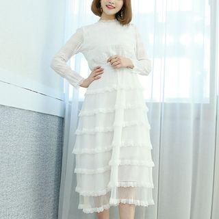 Lace-tiered A-line Midi Dress