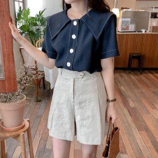 Short-sleeve Collared Blouse / High-waist Wide-leg Shorts