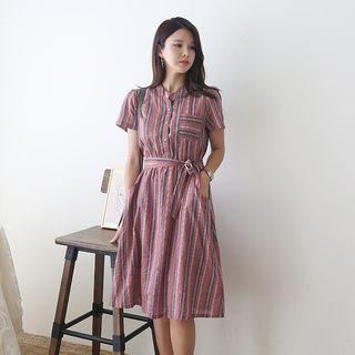 Mandarin-collar Striped Dress With Sash