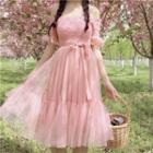 Elbow-sleeve Smocked Off-shoulder Mesh A-line Dress