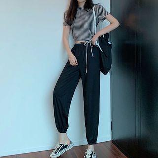 Short-sleeve Striped Crop Top / Harem Pants
