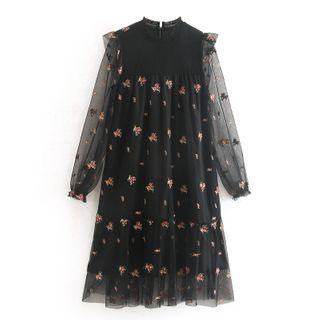 Mock Two-piece Long-sleeve Midi Embroidered Dress