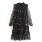 Mock Two-piece Long-sleeve Midi Embroidered Dress