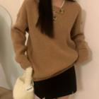 V-neck Plain Button-up Oversized Sweater