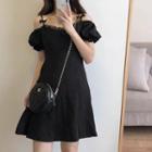 Puff-sleeve Cold Shoulder Frill Trim Mini A-line Dress