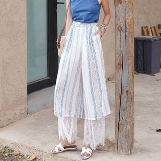 Lace Panel Patterned Wide Leg Pants