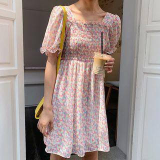 Short-sleeve Frill Trim Patterned A-line Dress As Shown In Figure - One Size