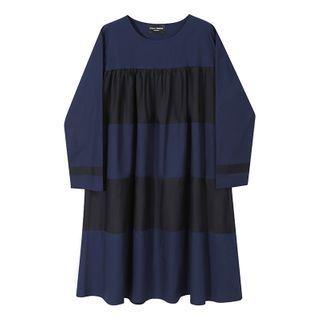Two-tone Long-sleeve A-line Dress Blue - One Size