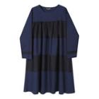 Two-tone Long-sleeve A-line Dress Blue - One Size