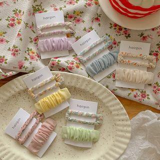 Set Of 2 : Floral Print / Plain Fabric Hair Clip