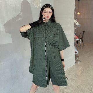 Set: Elbow-sleeve Lettering Print Check Shirt + Mini A-line Skirt