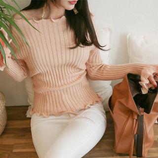 Frill-edge Slim-fit Rib-knit Top