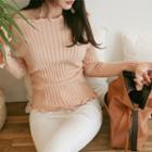 Frill-edge Slim-fit Rib-knit Top
