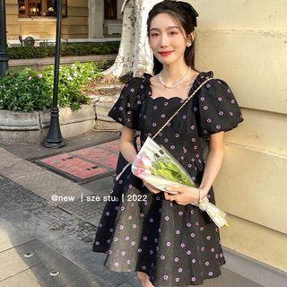 Floral Puff-sleeve Square Neck Mini Dress
