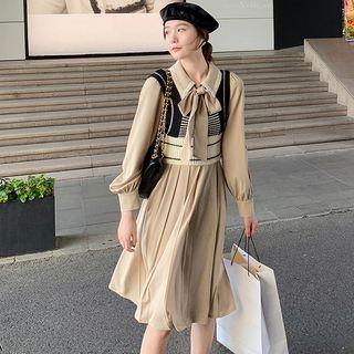 Bow-neck Pleated Midi A-line Dress