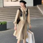 Bow-neck Pleated Midi A-line Dress