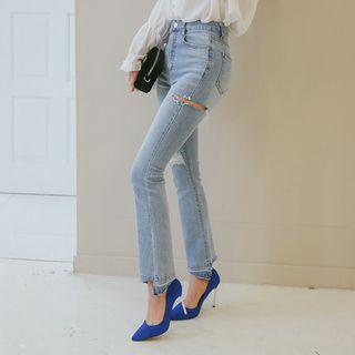 High-waist Slit-thigh Boot-cut Jeans
